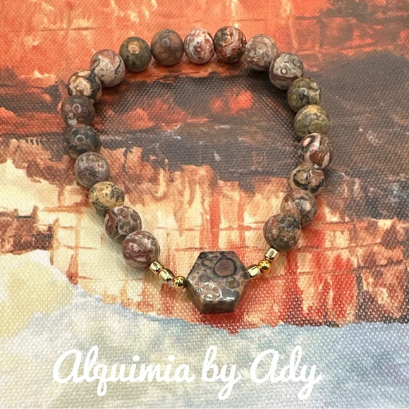 8mm leopard skin and Ocean jasper beaded bracelet - Picture 1 of 1